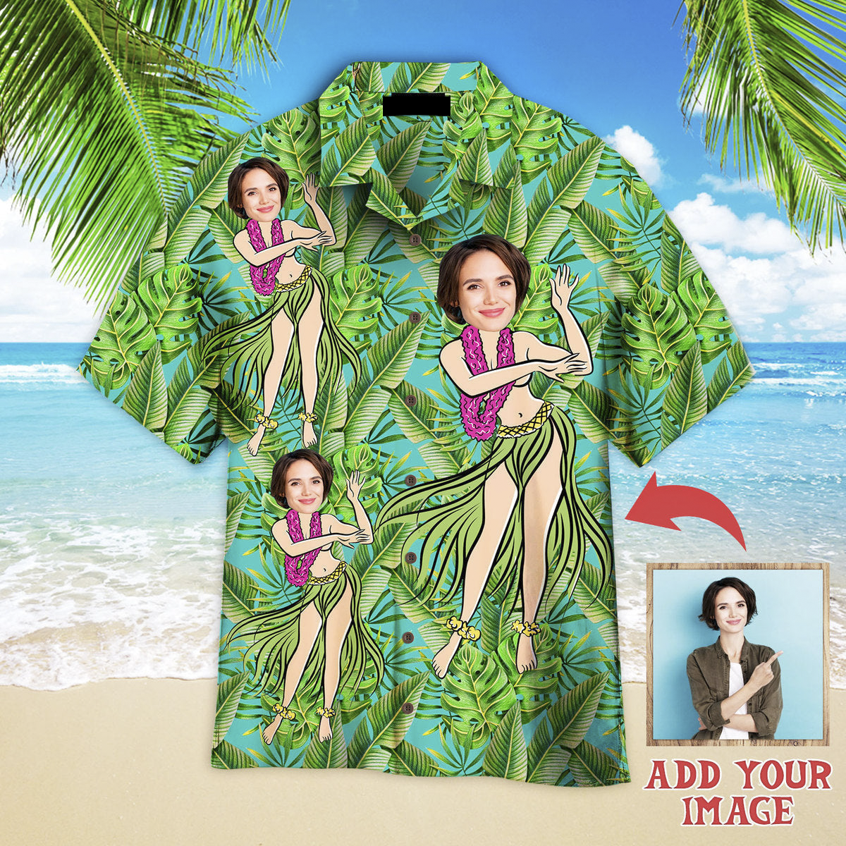 Funny Custom Face Hula Girl Green Tropical Custom Hawaiian Shirt, Personalized Hawaiian Shirts, Custom Photo Hawaiian Shirt