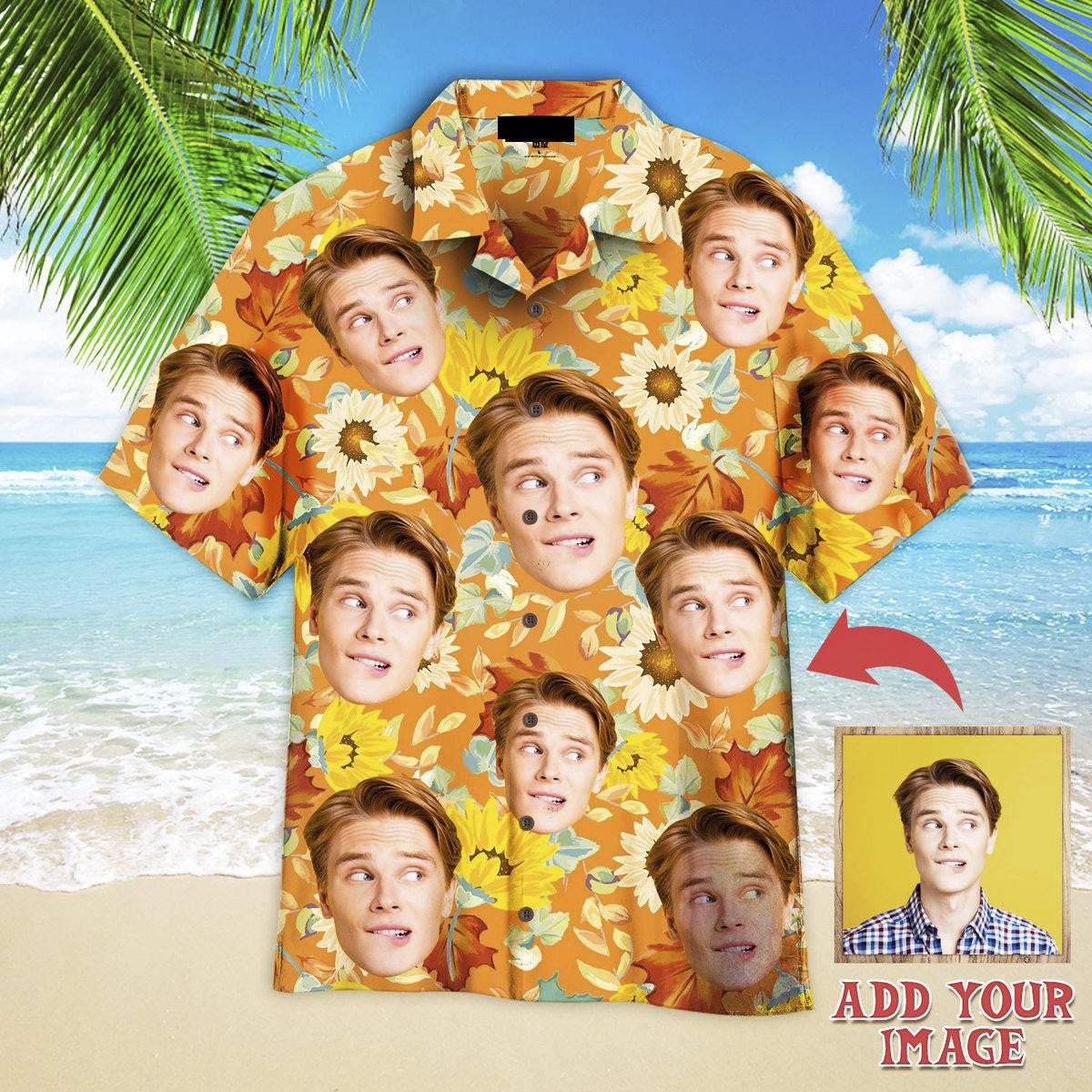 Custom Face On Orange Sunflowers Custom Hawaiian Shirt, Personalized Hawaiian Shirts, Custom Photo Hawaiian Shirt