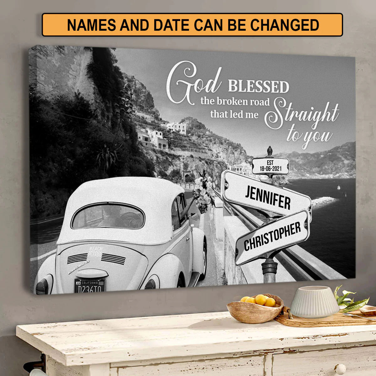 Couple Landscape Canvas - Personalized God, Wedding Car Canvas - Custom Gift For Christian Couple, Spouse, Lover - God Blessed The Broken Road Canvas