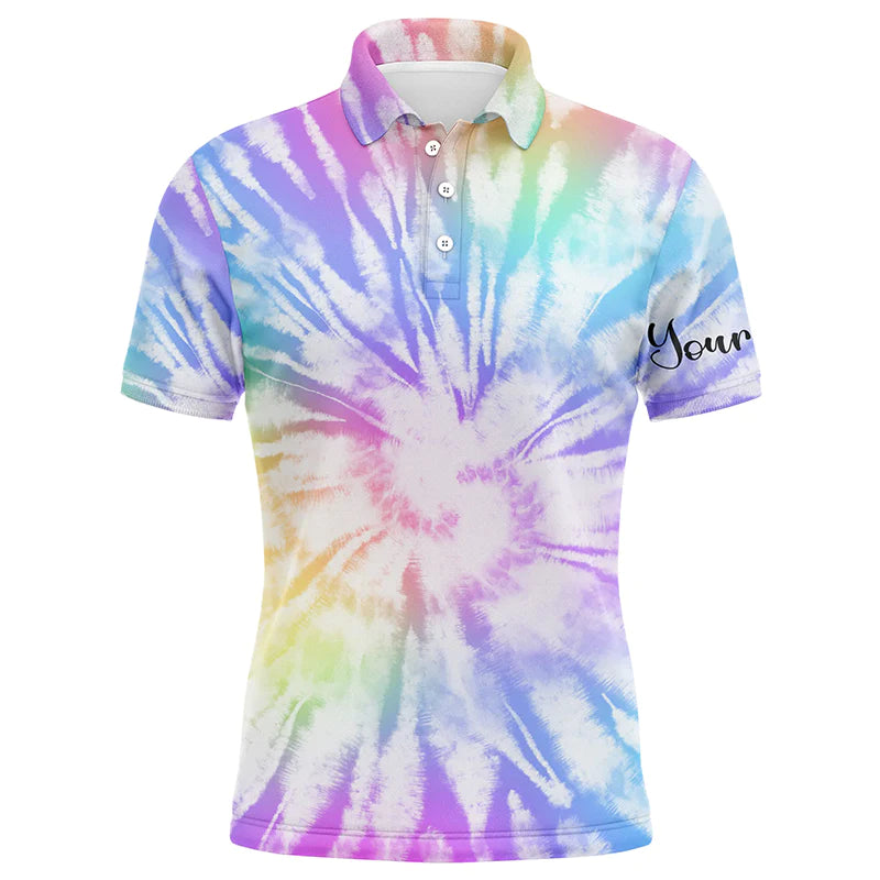 Golf Men Polo Shirt, Custom Name Watercolor Tie Dye Background Apparel - Personalized Sports Gift For Men, Husband, Boyfriend, Golf Lover