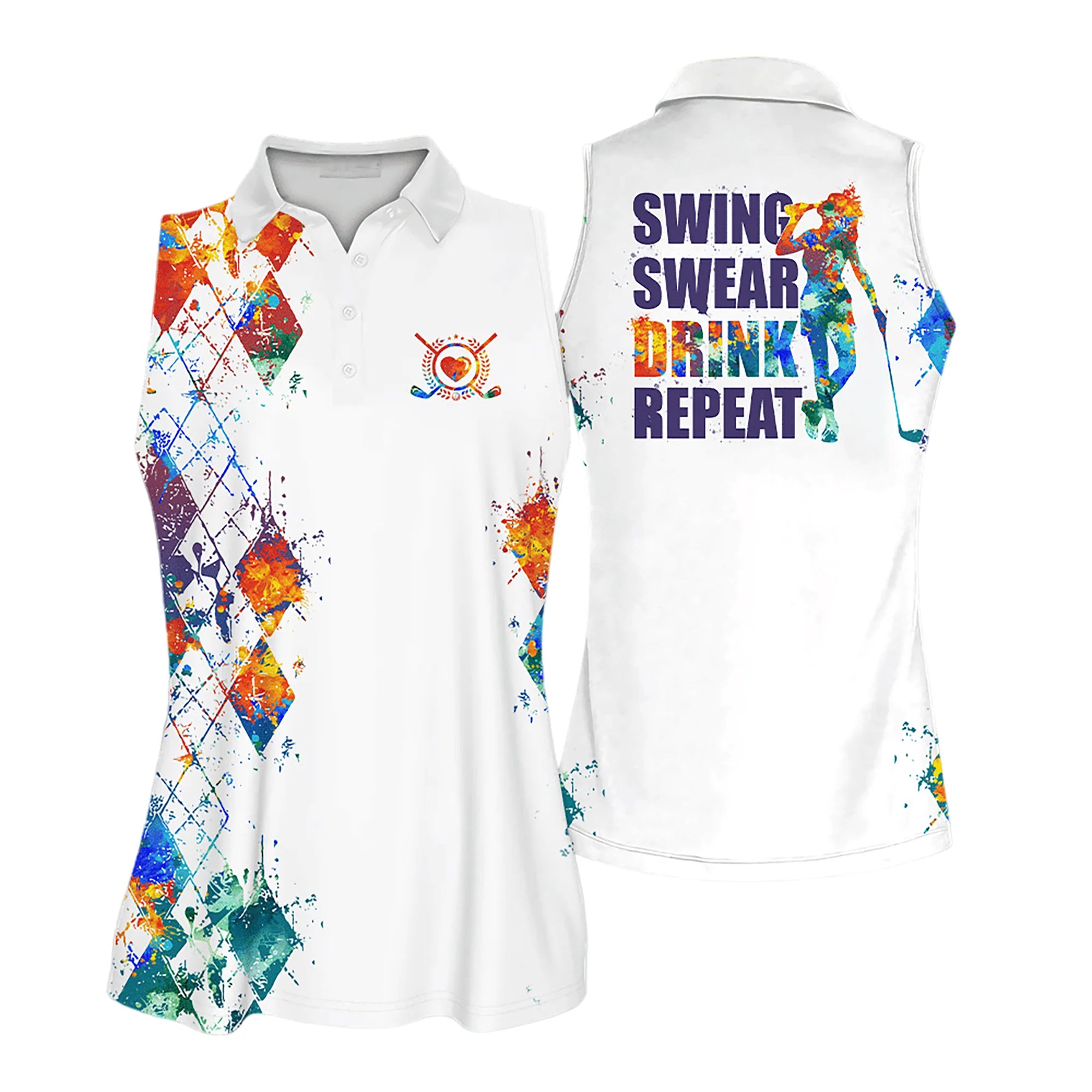 Golf Women Sleeveless Athleisure Polo Shirt, Swing Swear Drink Repeat Funny Polo Shirt - Gift For Mother's Day, Golfers, Female, Golf Lover