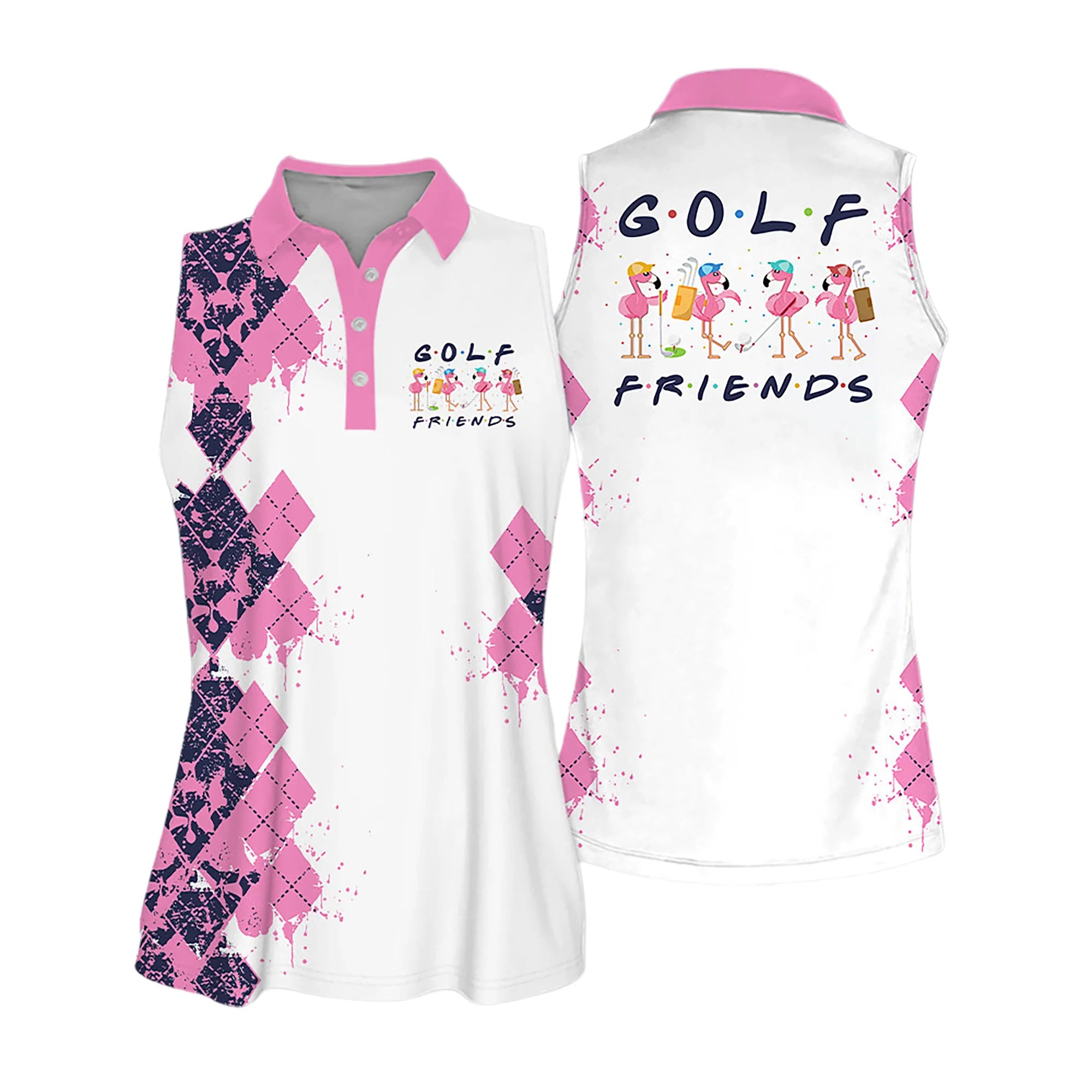 Golf Women Sleeveless Athleisure Polo Shirt, Golf Friends Flamingo Multicolor, Argyle Polo Shirt - Gift For Mother's Day, Golfers, Female, Golf Lover