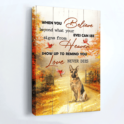 German Shepherd Portrait Canvas -Autumn Forest, Red Cardinal Canvas- Gift For German Shepherd- Signs From Heaven Show Up To Remind Love Never Dies