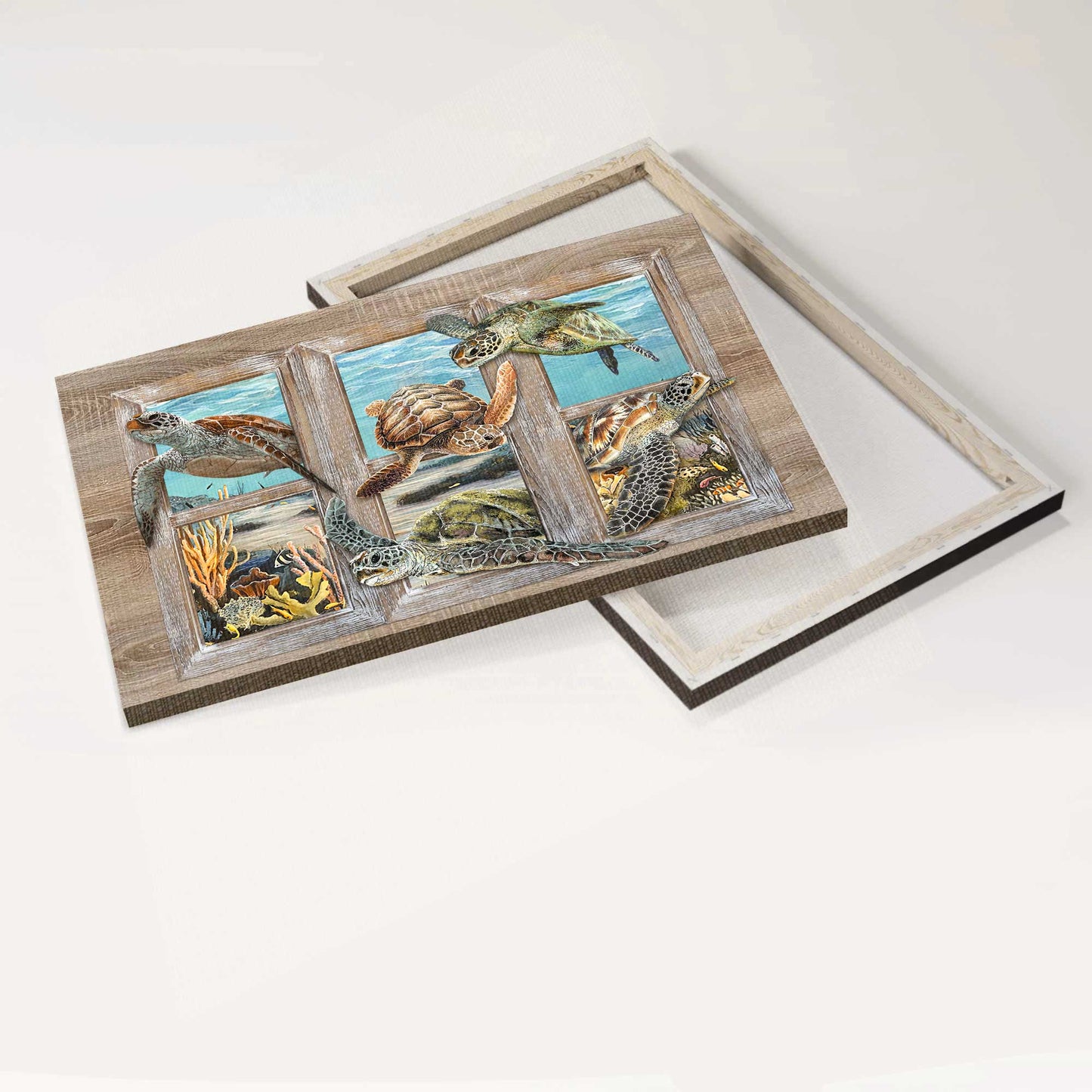 Turtle Landscape Canvas - Turtle Painting, Window Frame, Ocean World Canvas - Gift For Christian - Beautiful Coral Reef Canvas