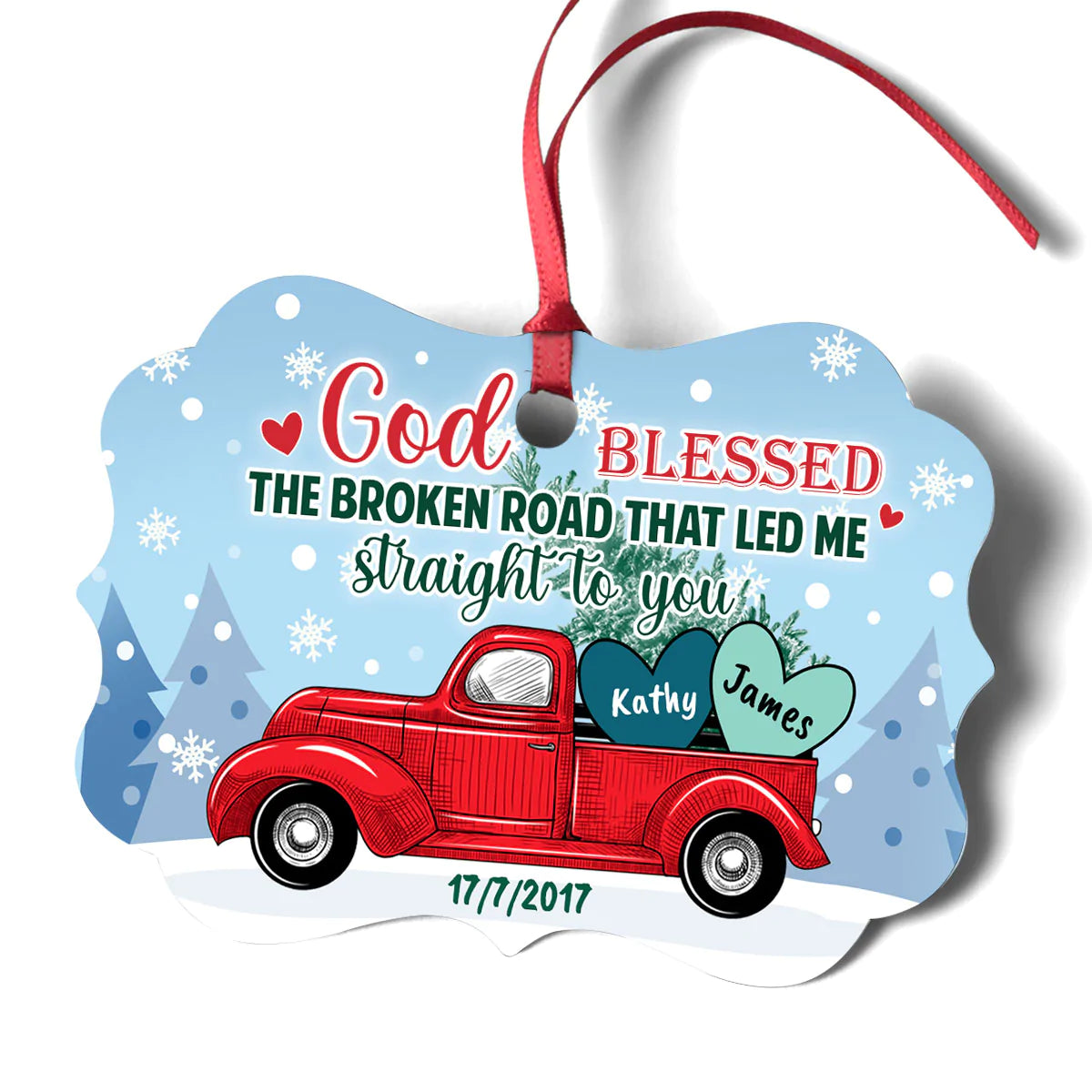 Couple Aluminum Ornament - Personalized Couple Heart in Car, Pine, Winter Aluminium Ornament - Custom Christmas Gift For Christian Couple, Spouse, Lover - God Blessed The Broken Road