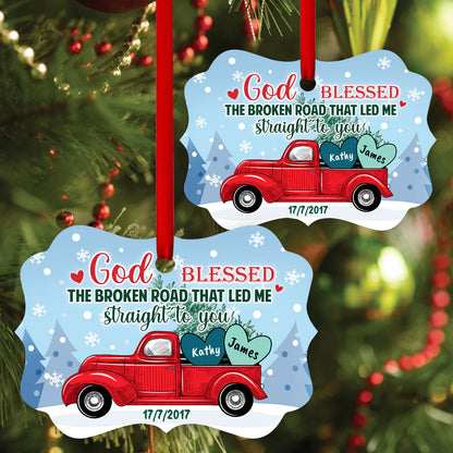 Couple Aluminum Ornament - Personalized Couple Heart in Car, Pine, Winter Aluminium Ornament - Custom Christmas Gift For Christian Couple, Spouse, Lover - God Blessed The Broken Road