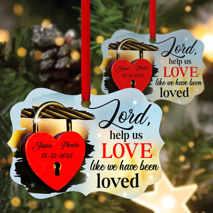 Couple Aluminum Ornament - Personalized Lord, Heart Padlock Aluminium Ornament - Custom Gift For Christian Couple, Spouse, Lover - Help Us Love Like We Have Been Loved