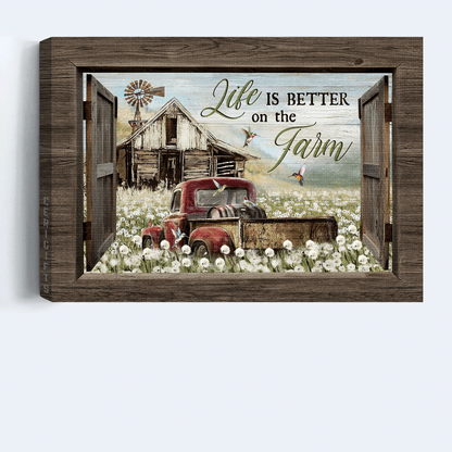 Farm Landscape Canvas- Awesome Hummingbird, Red Truck, Old Barn, Dandelion Field Canvas- Gift For Farm Lover- Life Is Better On The Farm