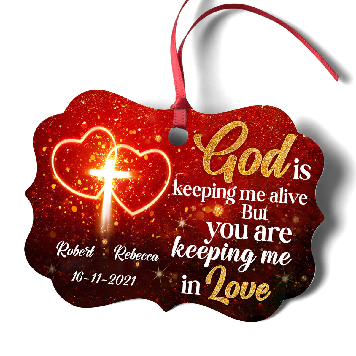 Couple Aluminum Ornament - Personalized Cross, Heart Couple Aluminium Ornament - Custom Gift For Christian Couple, Spouse, Lover - You Are Keeping Me In Love