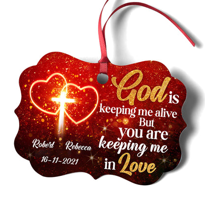 Couple Aluminum Ornament - Personalized Cross, Heart Couple Aluminium Ornament - Custom Gift For Christian Couple, Spouse, Lover - You Are Keeping Me In Love