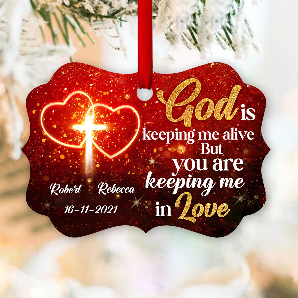 Couple Aluminum Ornament - Personalized Cross, Heart Couple Aluminium Ornament - Custom Gift For Christian Couple, Spouse, Lover - You Are Keeping Me In Love