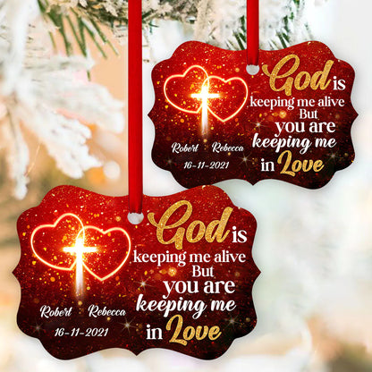 Couple Aluminum Ornament - Personalized Cross, Heart Couple Aluminium Ornament - Custom Gift For Christian Couple, Spouse, Lover - You Are Keeping Me In Love