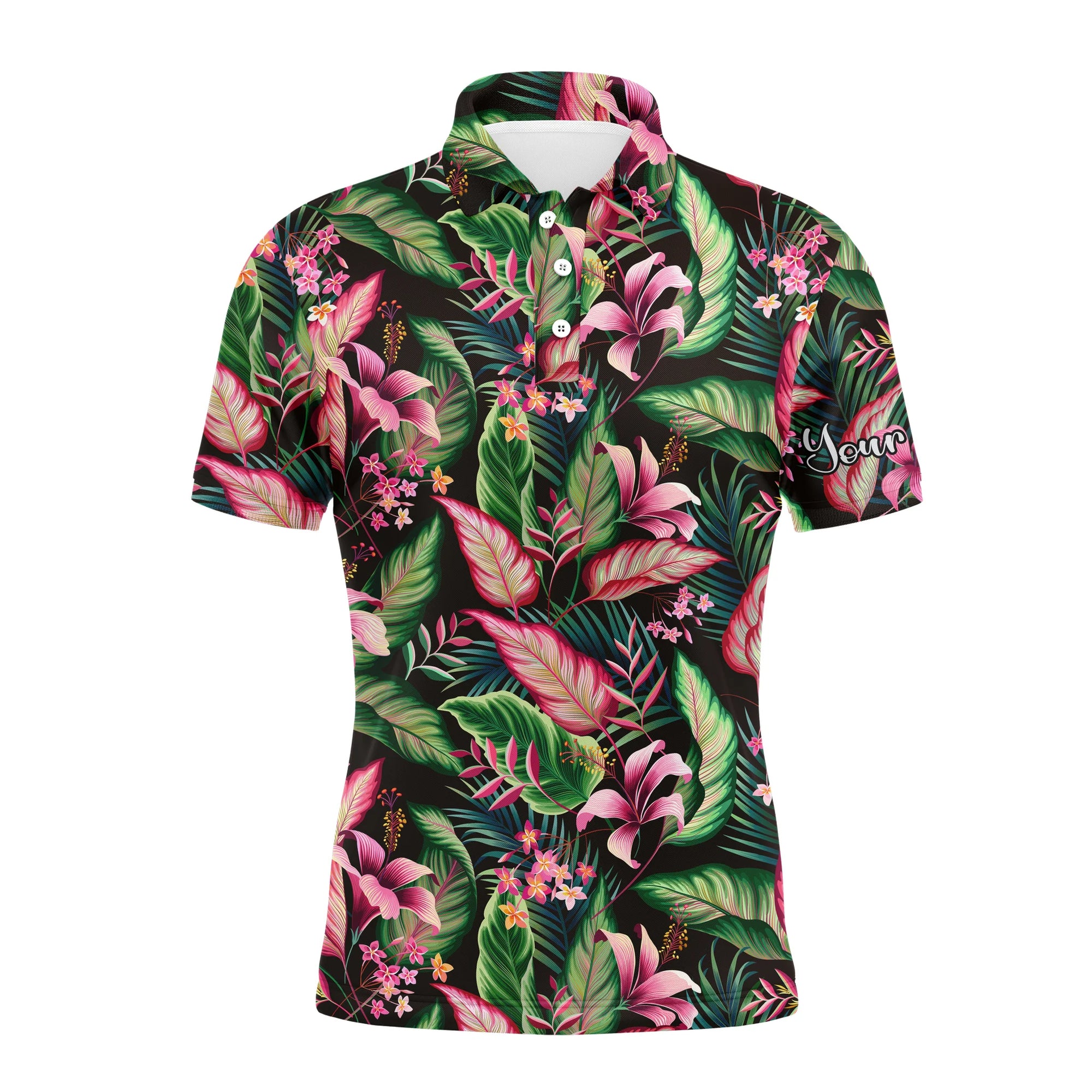 Golf Men Polo Shirt, Custom Name Floral Pattern With Tropical Leaves Apparel - Personalized Sports Gift For Golf Lover, Male, Husband, Boyfriend, Team