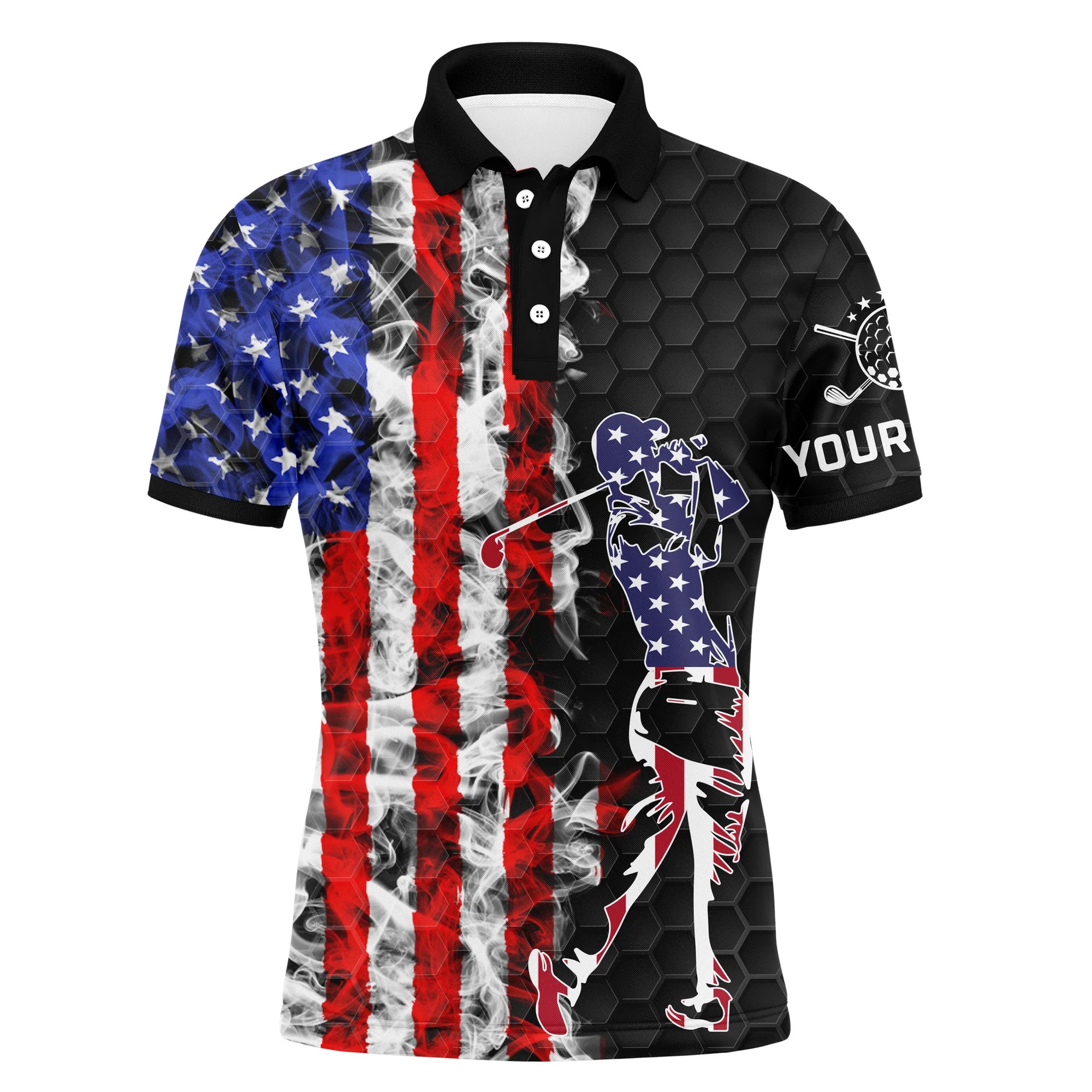 Golf Men Polo Shirt, Custom Name American Flag Black Apparel - Personalized Sports Gift For Golf Lover, Male, Husband, Boyfriend, Team, Patriotic