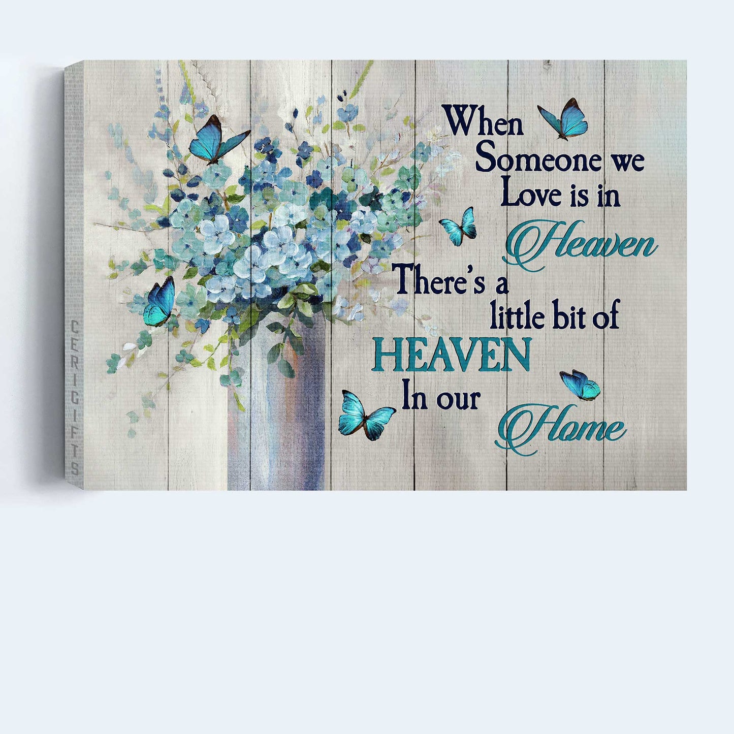 Memorial Landscape Canvas- Baby Flower Vase, Blue Butterfly, Heaven Landscape Canvas- Gift For Members Family- When Someone We Love Is In Heaven