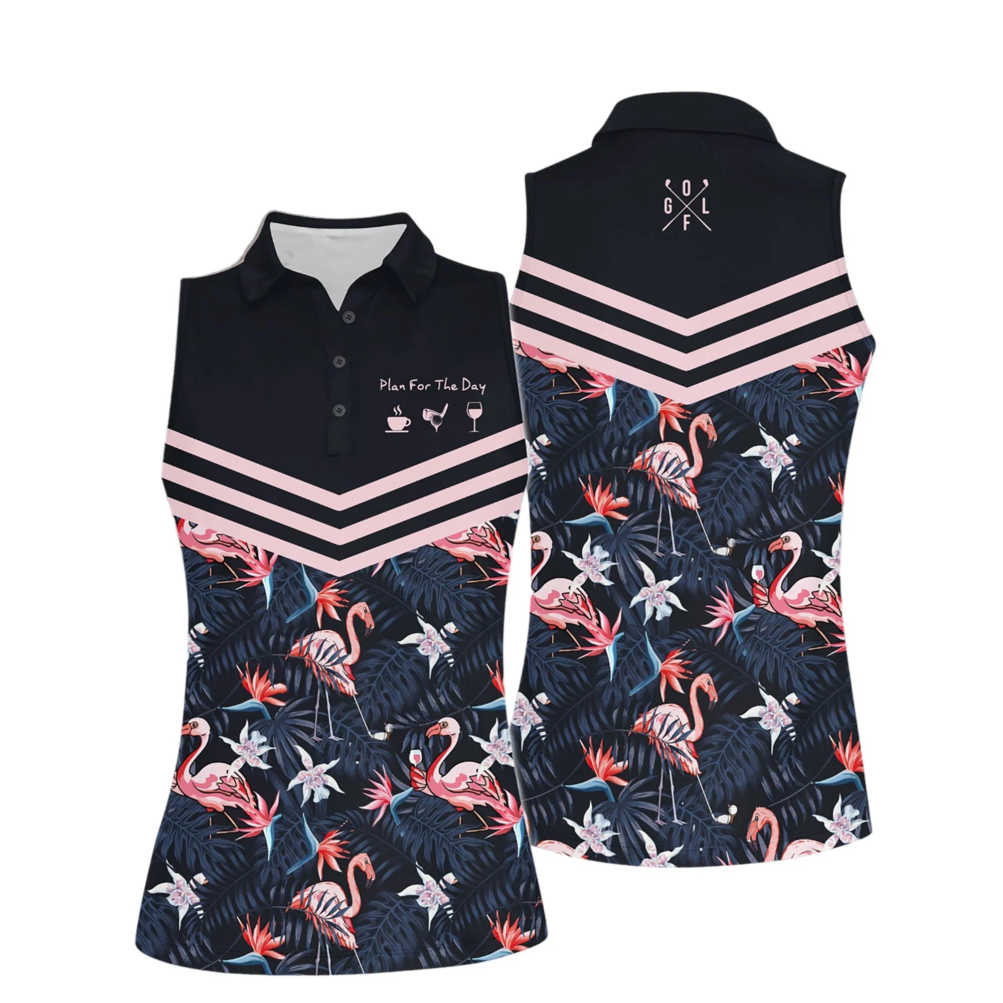 Golf Women Sleeveless Athleisure Polo Shirt, Plan For The Day Flamingo Tropical Polo Shirt - Gift For Mother's Day, Golfers, Female, Golf Lover