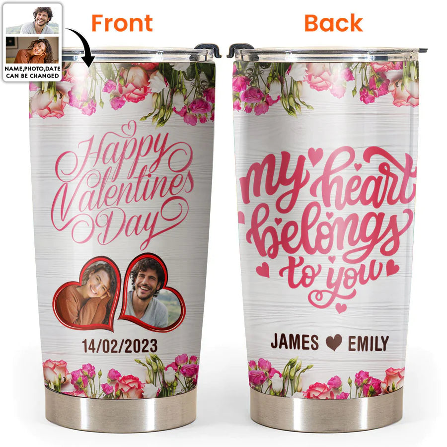 Valentine Personalized Tumbler, Personalized Photo Gifts, Valentines Gift For Her, Him, My Heart Belongs To You Custom Photo Personalized