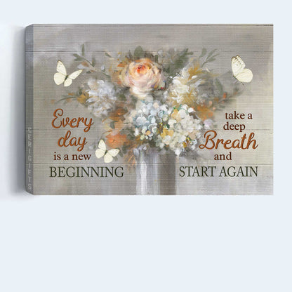 Jesus Landscape Canvas- Abstract Flower, White Butterfly, Motivational Quote Landscape Canvas- Gift For Religious Christian- Every Day Is A New Beginning