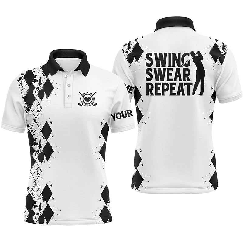 Golf Men Polo Shirt - Custom Name Argyle Black White Swing Swear Repeat Apparel - Personalized Sports Gift For Golf Lover, Male, Husband, Boyfriend