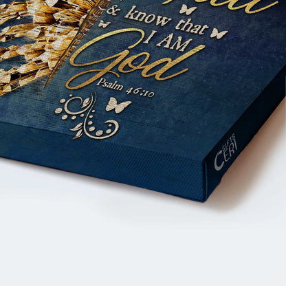 Jesus Landscape Canvas- Abstract Golden Butterfly, Bible Verse Landscape Canvas- Gift For Religious Christian- Be Still And Know That I Am God