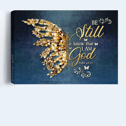 Jesus Landscape Canvas- Abstract Golden Butterfly, Bible Verse Landscape Canvas- Gift For Religious Christian- Be Still And Know That I Am God