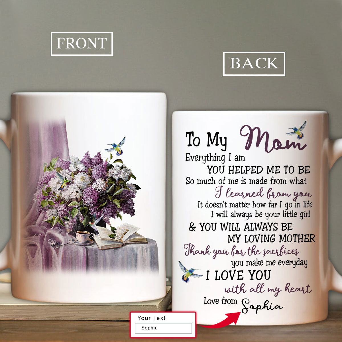 Gift For Mom Personalized Mug - Daughter to mom, Purple hydrangea, Hummingbird Mug - Custom Gift For Mother's Day, Presents for Mom - I love you Mug