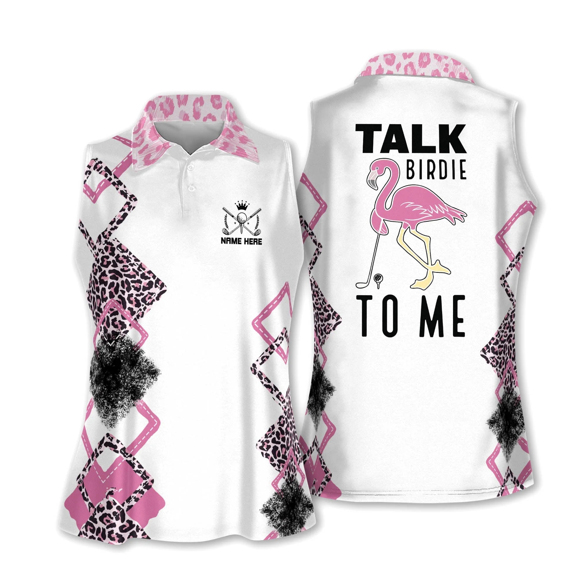 Golf Custom Name Women Sleeveless Athleisure Polo Shirt, Pink Leopard Collar, Talk Birdie to Me Flamingo - Personalized Gift For Mother's Day, Golfers