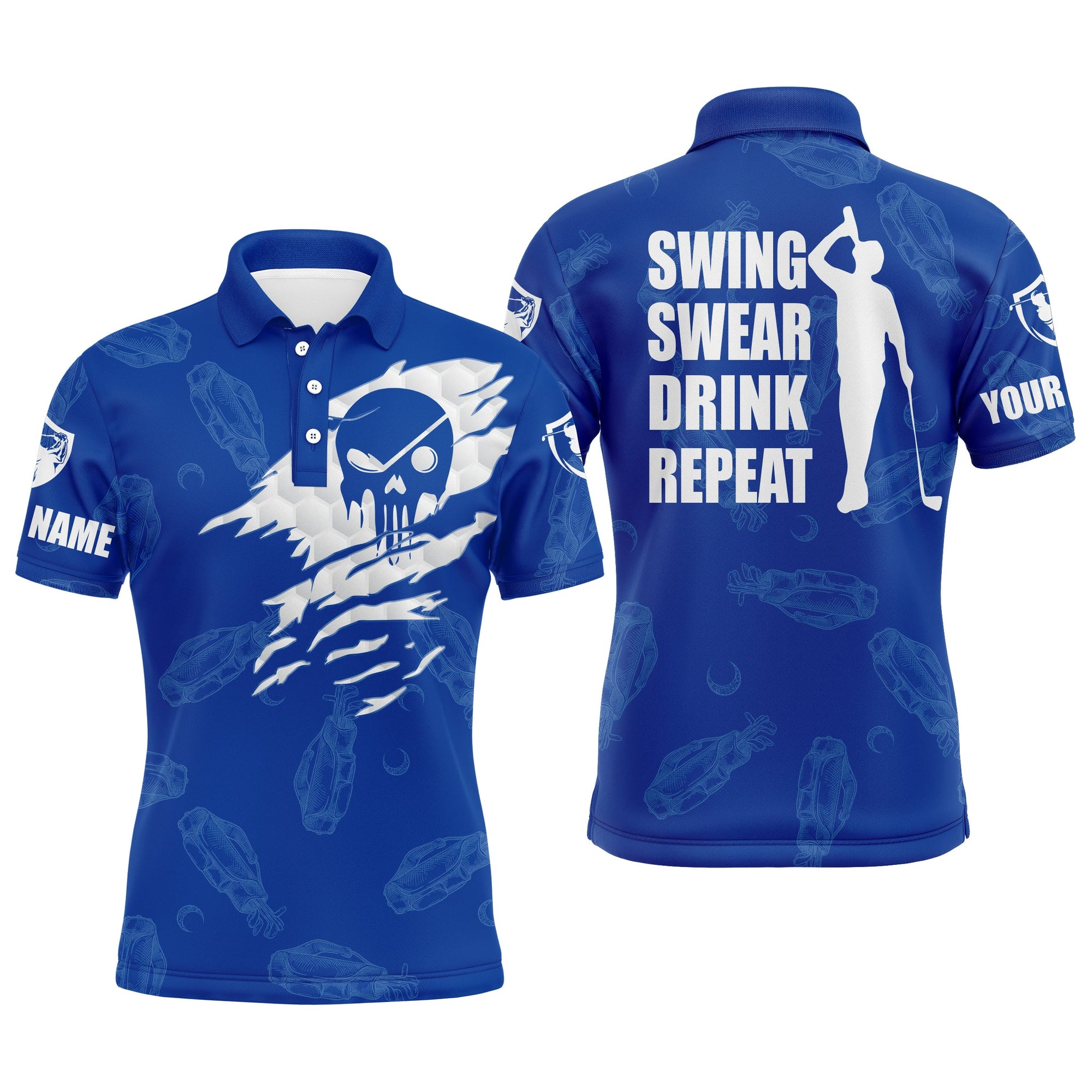 Golf Men Polo Shirts, Swing Swear Drink Repeat, Custom Name Golf Clubs Pattern Blue Apparel - Personalized Gift For Men, Husband, Boyfriend, Lovers