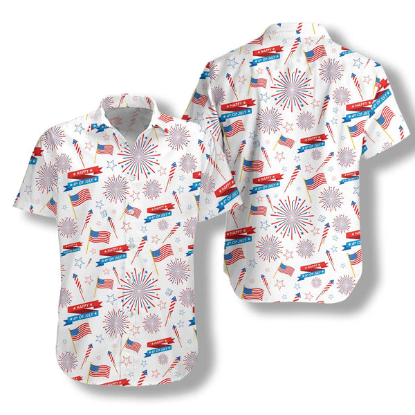 Flamingo US Flag Firework Pattern Full Printed Hawaiian Shirt