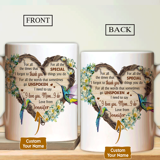 Gift For Mom Personalized Mug - Daughter to mom, Flower heart, Colorful hummingbird Mug - Custom Gift For Mother's Day, Anniversary, Presents for Mom