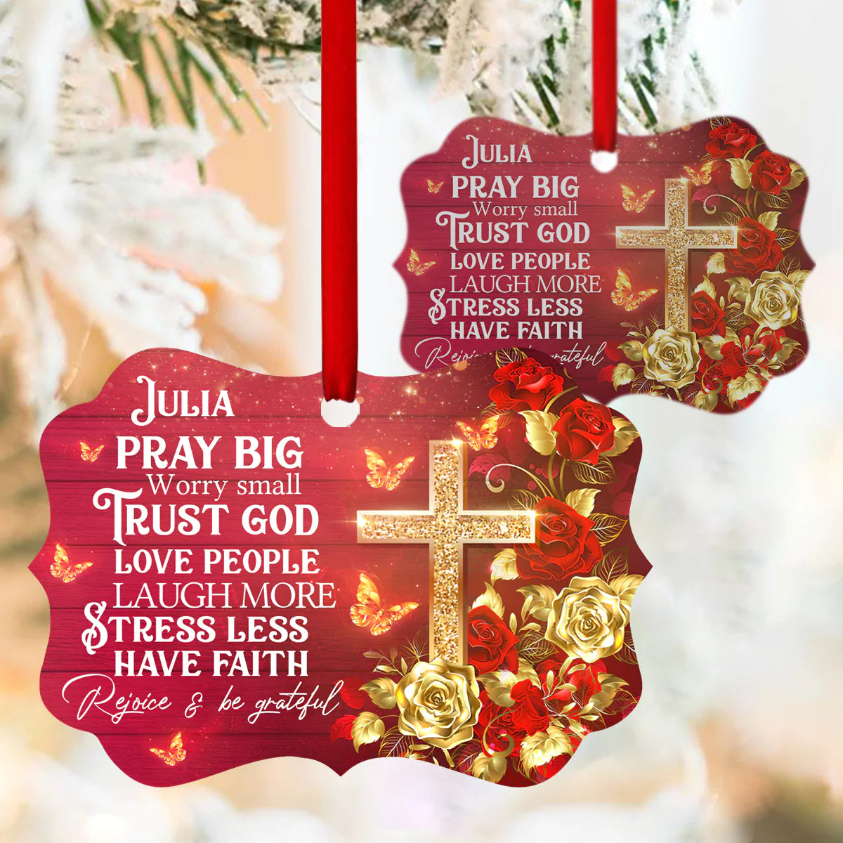Jesus Aluminum Ornament - Personalized Rose And Cross Aluminium Ornament - Custom Gift For Christian - Rejoice And Be Grateful