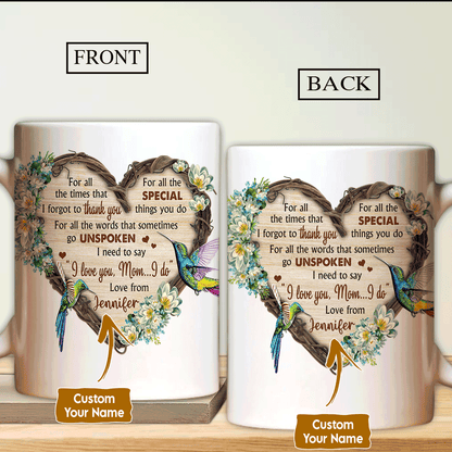 Gift For Mom Personalized Mug - Daughter to mom, Flower heart, Colorful hummingbird Mug - Custom Gift For Mother's Day, Anniversary, Presents for Mom