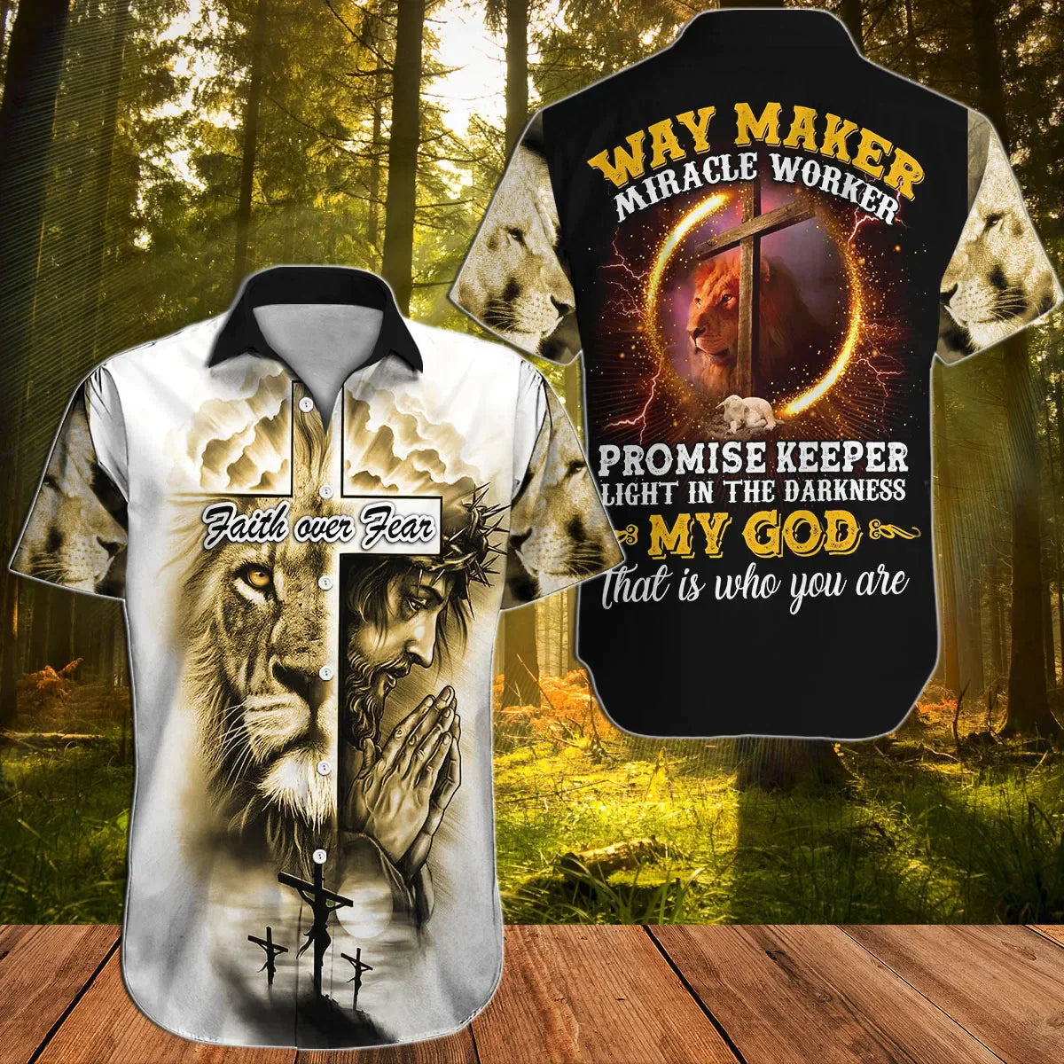 Jesus Hawaiian Shirt, God, Lion, Cross, Faith Over Fear, Way Maker Miracle Worker Aloha Shirt - Summer Gift For Christians, Men, Women