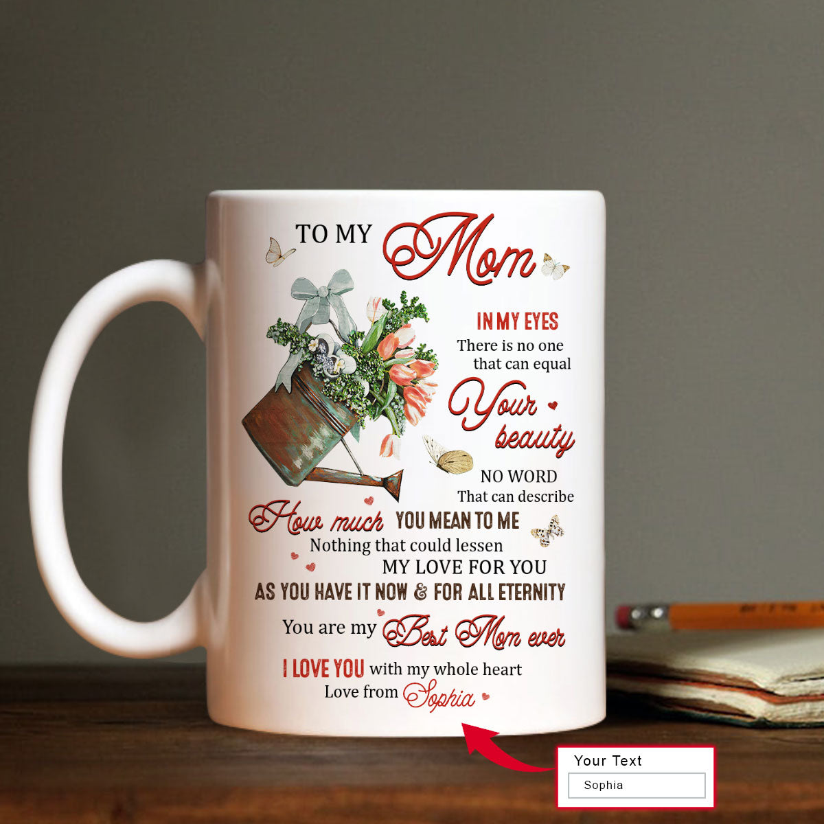 Gift For Mom Personalized Mug - Daughter to mom, Tulip flower, White butterfly Mug - Custom Gift For Mother's Day, Presents for Mom - I love you Mug