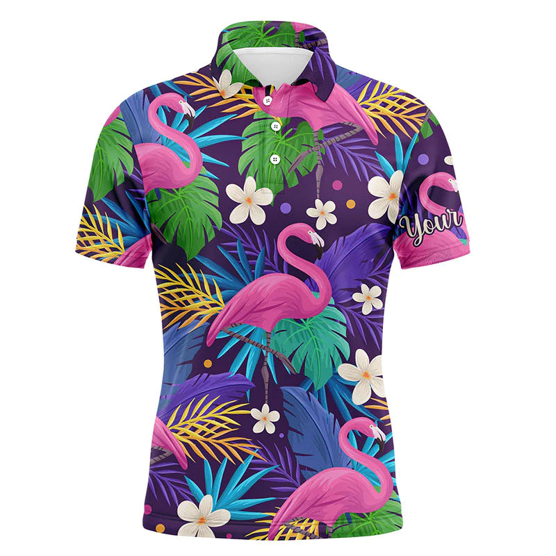 Golf Men Polo Shirt - Custom Name Colorful Floral Flamingo Pattern Tropical Leaves Apparel - Personalized Sports Gift For Golf Lover, Male, Husband