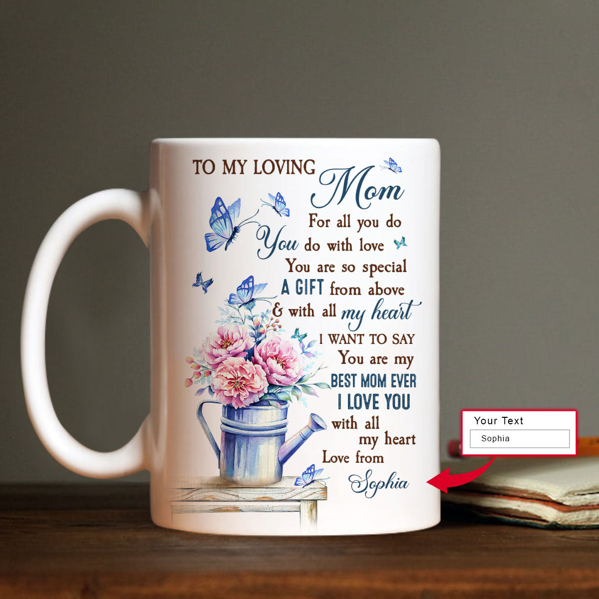 Gift For Mom Personalized Mug - Daughter to mom, Pink carnation, Purple butterfly Mug - Custom Gift For Mother's Day, Presents for Mom- I love you Mug