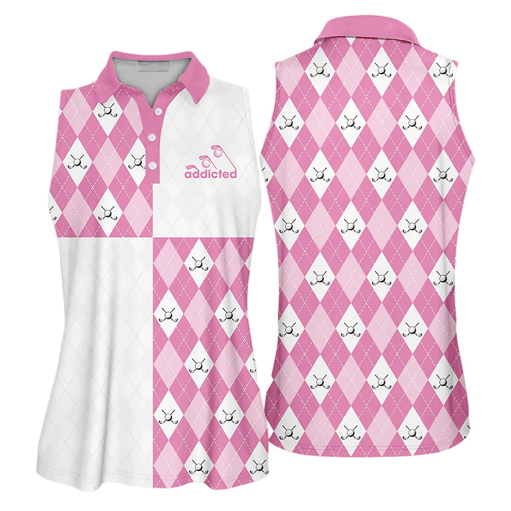 Golf Women Sleeveless Athleisure Polo Shirt, Pink Argyle Pattern Dry Fit - Gift For Golfers, Female, Golf Lovers, Mother's Day