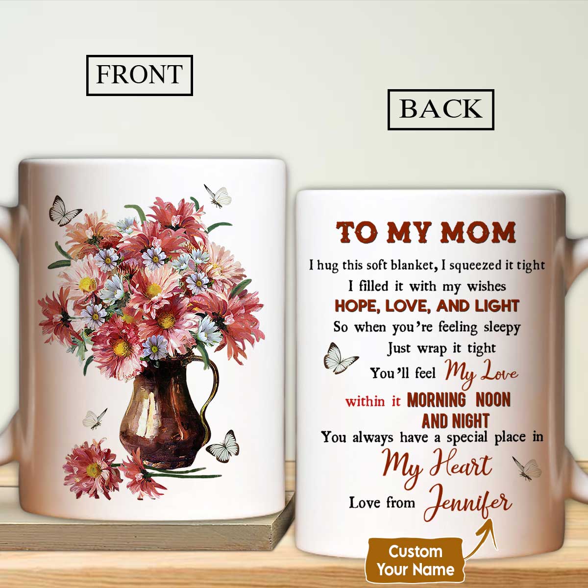 Gift For Mom Personalized Mug - Daughter to mom, Flower vase, White butterfly, Colorful daisy Mug - Custom Gift For Mother's Day, Presents for Mom