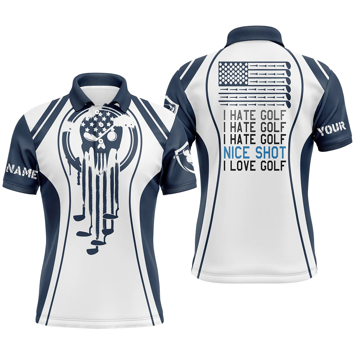 Golf Men Polo Shirt - Custom Name Skull Blue White Apparel - Personalized Sport Gift For Golf Lover, Male, Husband - I Hate Golf Nice Shot I Love Golf