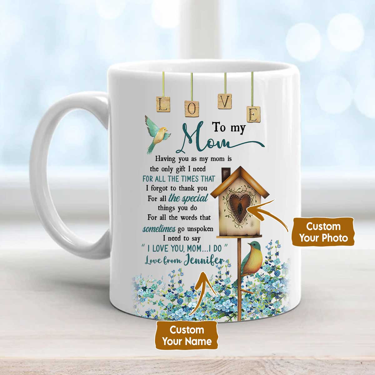 Gift For Mom Personalized Mug - Daughter to mom, Vintage birdhouse, Colorful bird Mug - Custom Gift For Mother's Day, Presents for Mom- I love you Mug