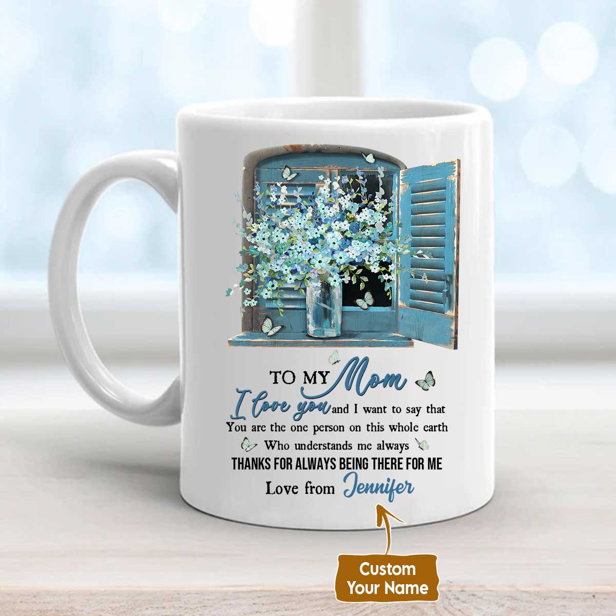 Gift For Mom Personalized Mug - Daughter to mom, Beautiful flower vase, Vintage window Mug- Custom Gift For Mother's Day, Presents for Mom- Thanks Mug