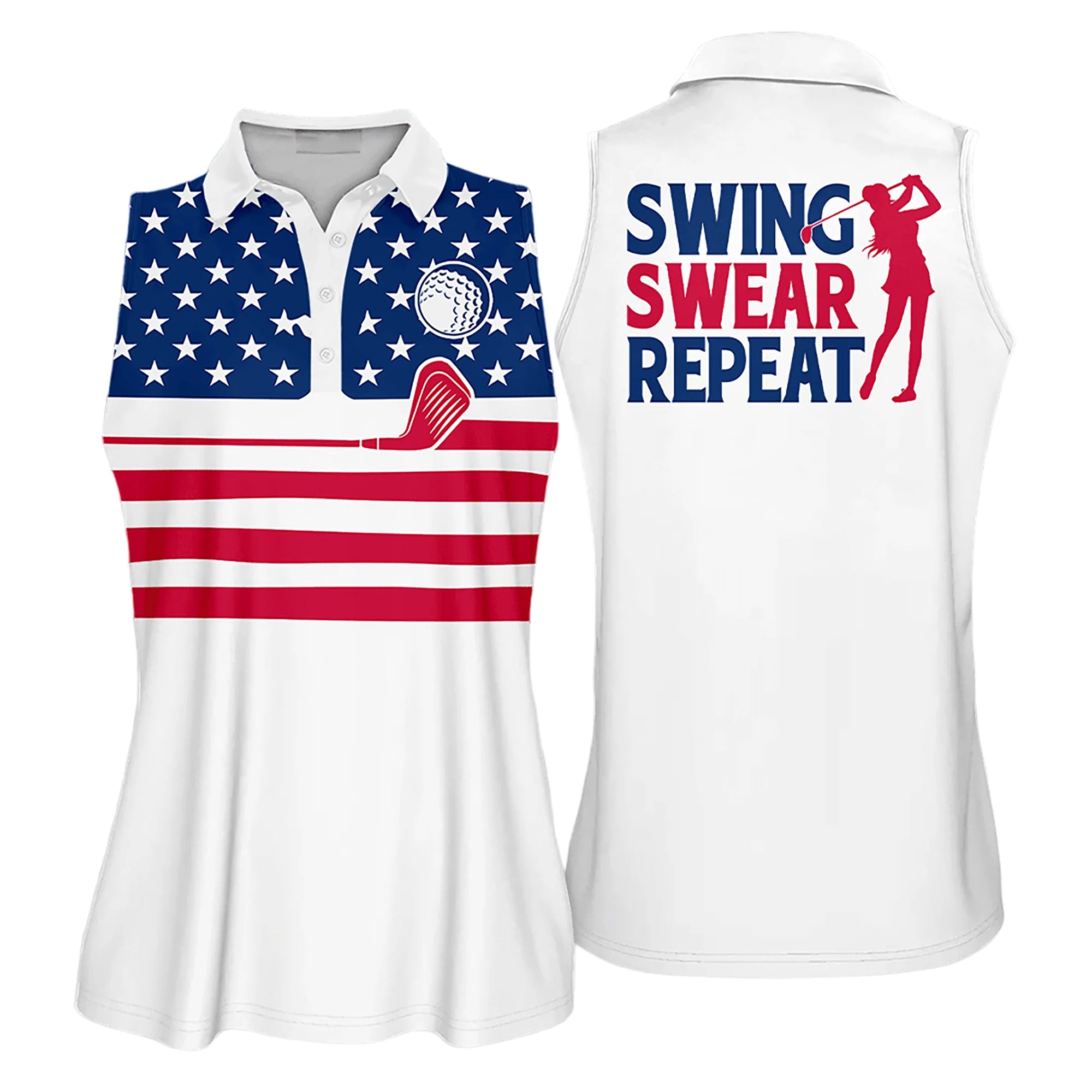 Golf Women Sleeveless Athleisure Polo Shirt, American Flag Swing Swear Repeat - Gift For Golfers, Females, Golf Lovers, Mother's Day