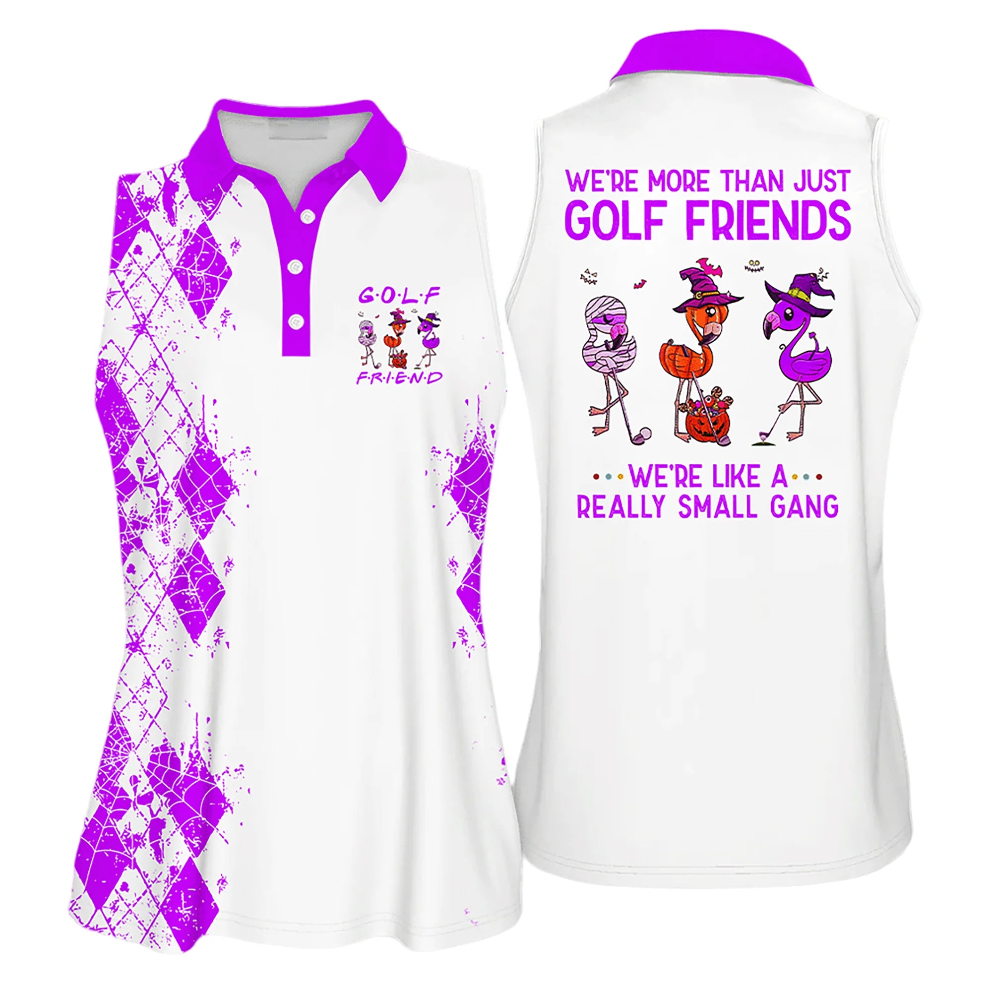 Golf Women Sleeveless Athleisure Polo Shirt, Funny Flamingo Halloween Golf Friends Purple - Gift For Golfers, Females, Golf Lovers, Mother's Day