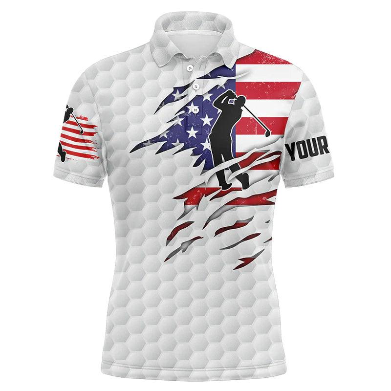 Golf Men Polo Shirt - Custom Name American Flag Patriot White Golf Balls Apparel - Personalized Sports Gift For Golf Lover, Male, Husband, Boyfriend