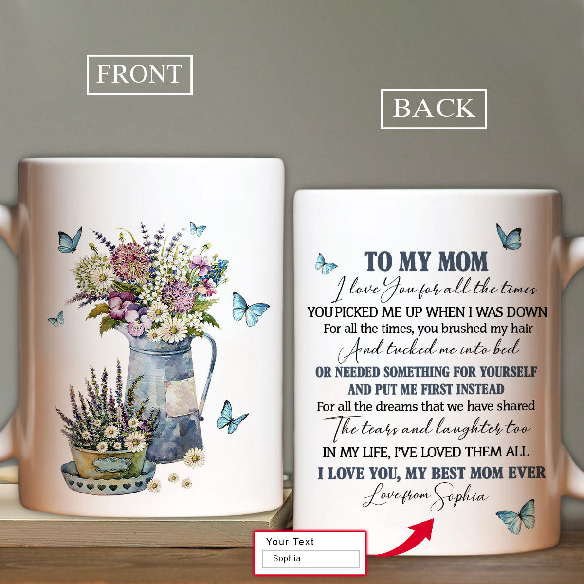 Gift For Mom Personalized Mug- Daughter to mom, Flower vase, Blue butterfly Mug- Custom Gift For Mother's Day, Presents for Mom- You are the world Mug