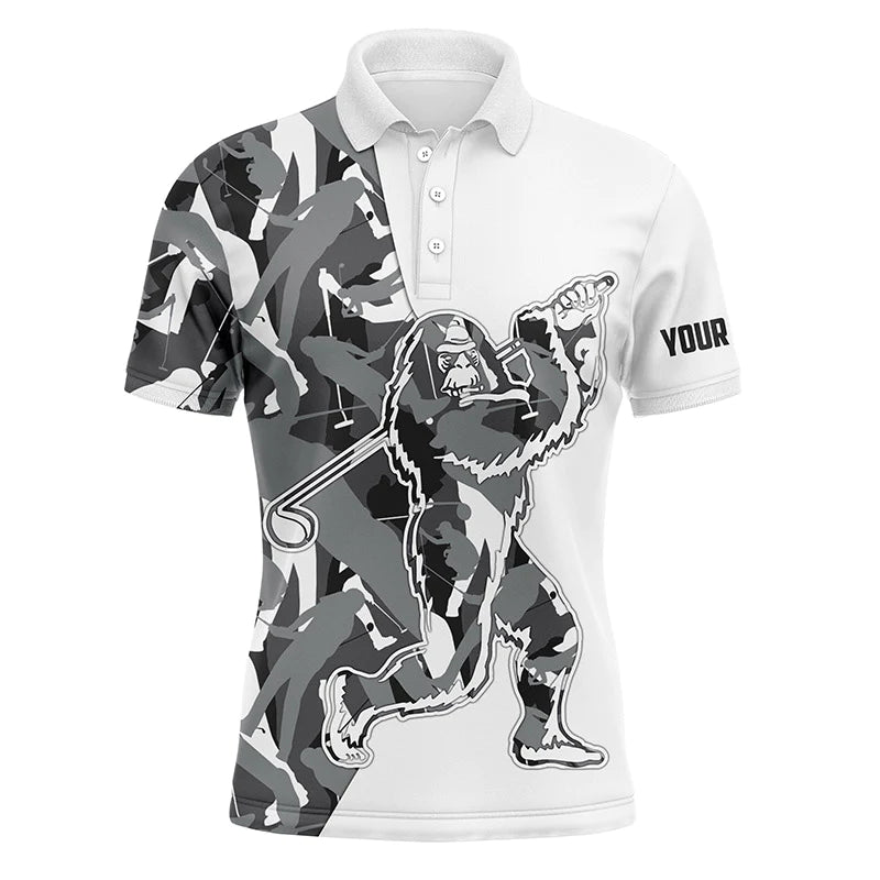 Funny Bigfoot Golf Men Polo Shirt - Custom Name Gray Camo Pattern Sasquatch Playing Golf Apparel - Personalized Sports Gift For Golf Lover, Male