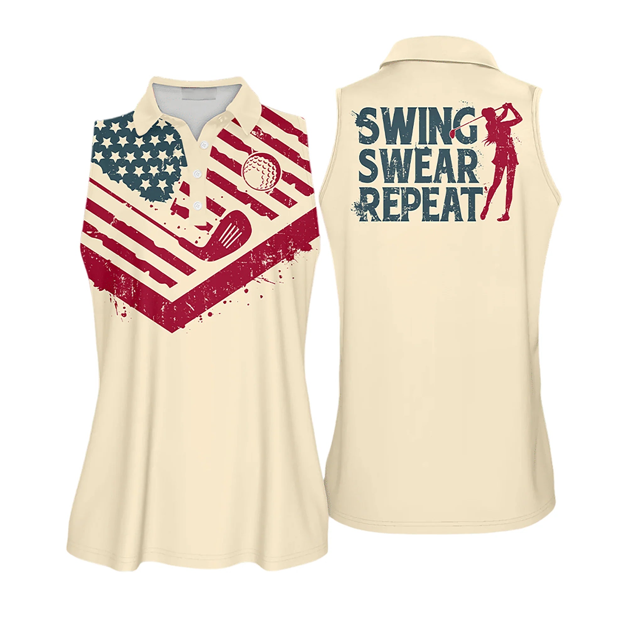 Golf Women Sleeveless Athleisure Polo Shirt, American Flag Swing Swear Repeat Vintage - Gift For Golfers, Female, Golf Lovers, Mother's Day