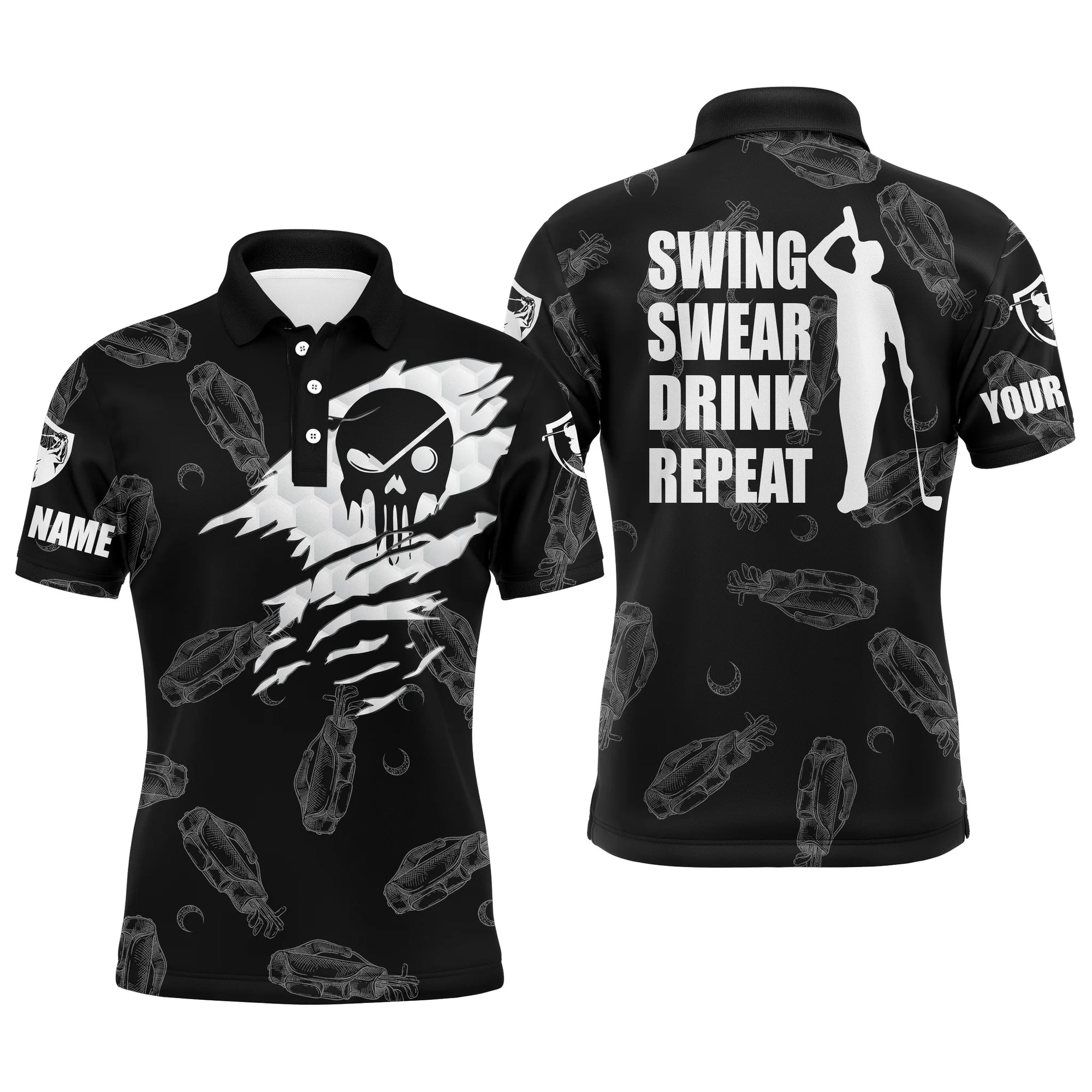 Golf Men Polo Shirts, Swing Swear Drink Repeat Custom Name Black Golf Clubs Pattern Apparel - Personalized Gift For Men, Husband, Boyfriend, Lovers