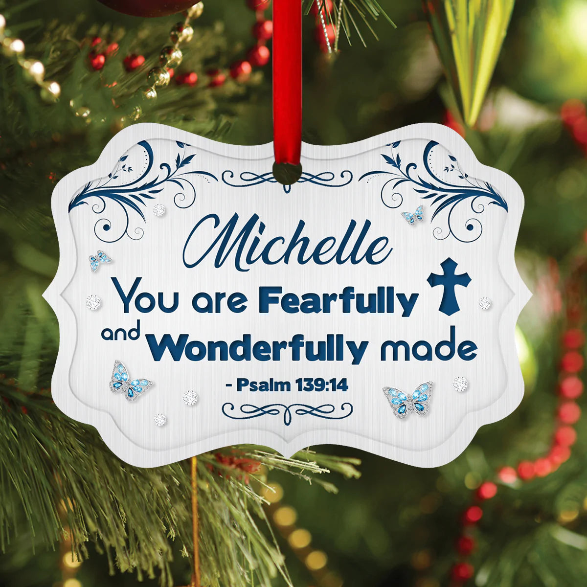 Jesus Aluminum Ornament - Personalized Cross, Butterfly Aluminium Ornament - Custom Gift For Christian - You Are Fearfully And Wonderfully Made