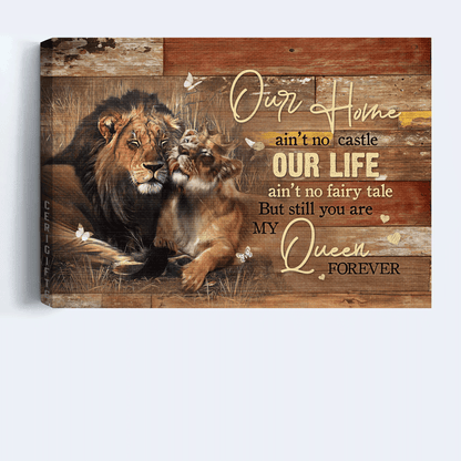 Couple Landscape Canvas- Beautiful couple lion drawing, Gold crown, Rice field canvas- Gift for couple, lover, husband. wife, boyfriend, girlfriend You are my queen forever